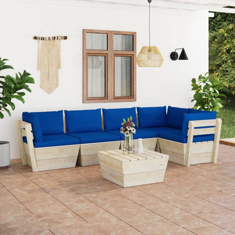

Muebles de jardín de palets 6 piezas y cojines madera de abeto