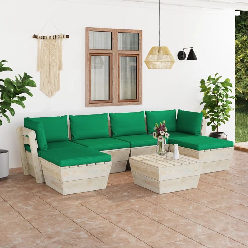 

Muebles de jardín de palets 7 piezas y cojines madera de abeto