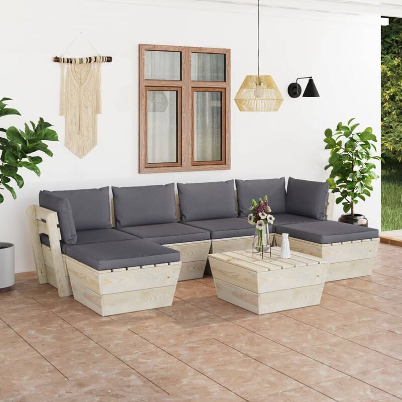 

Muebles de jardín de palets 7 piezas y cojines madera de abeto
