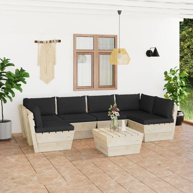 

Muebles de jardín de palets 7 piezas y cojines madera de abeto