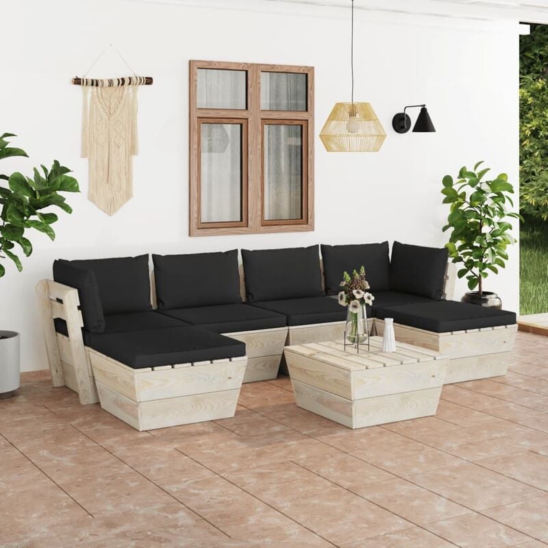 

Muebles de jardín de palets 7 piezas y cojines madera de abeto