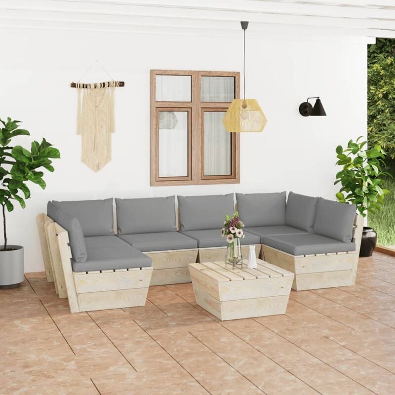 

Muebles de jardín de palets 7 piezas y cojines madera de abeto