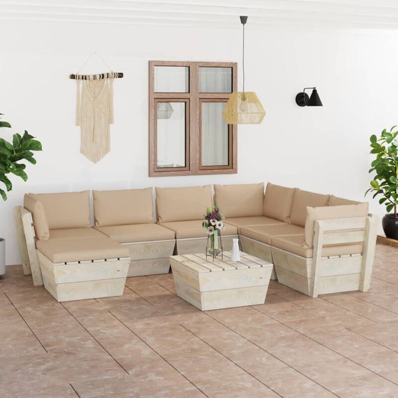 

Muebles de jardín de palets 8 piezas y cojines madera de abeto