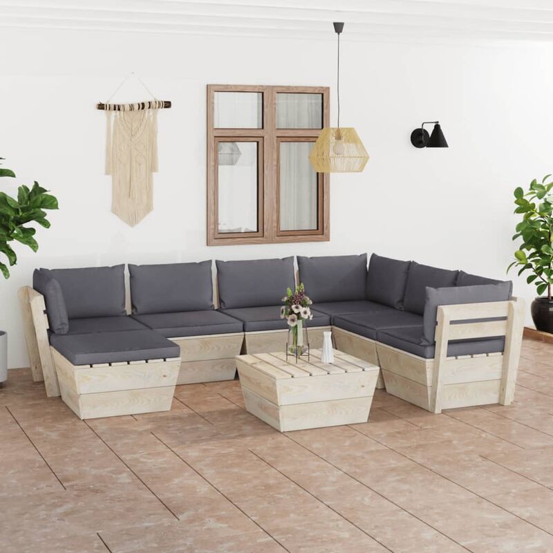 

Muebles de jardín de palets 8 piezas y cojines madera de abeto