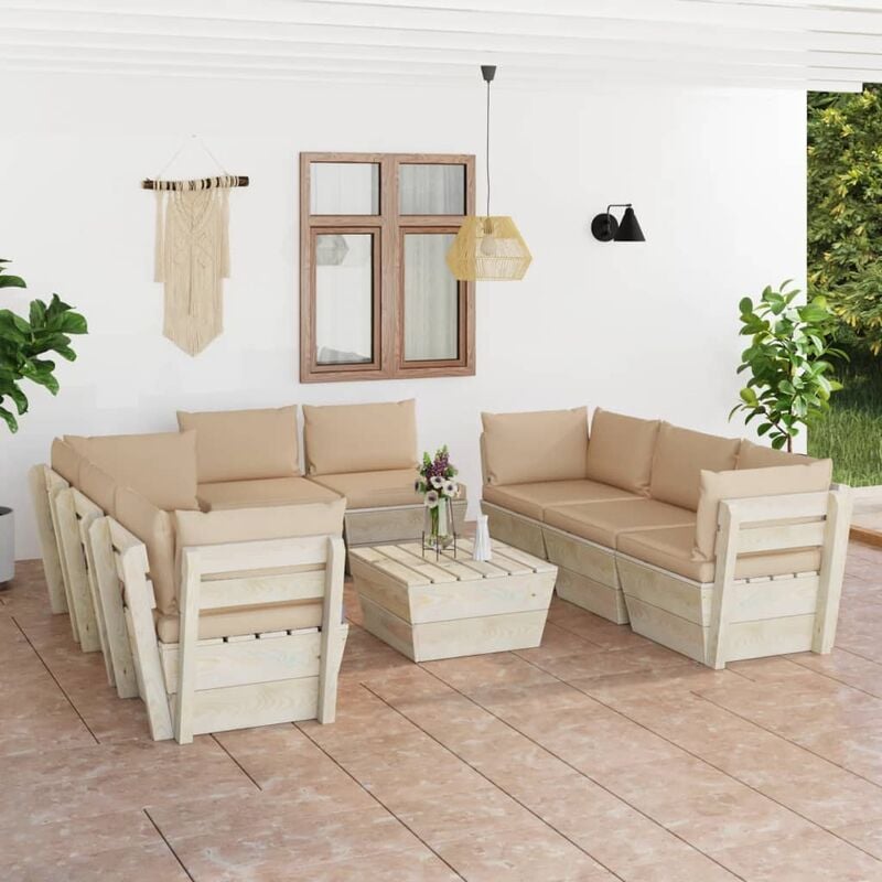 

Muebles de jardín de palets 9 piezas y cojines madera de abeto