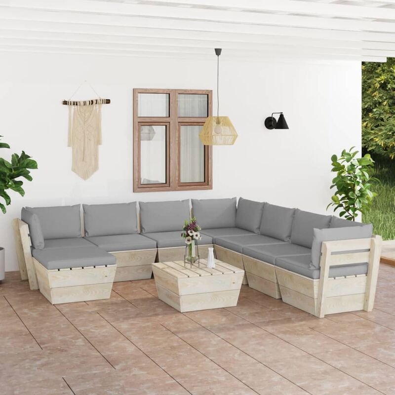 

Muebles de jardín de palets 9 piezas y cojines madera de abeto