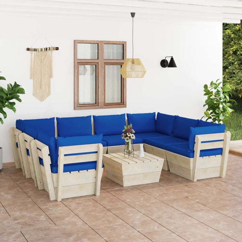 

Muebles de jardín de palets 9 piezas y cojines madera de abeto