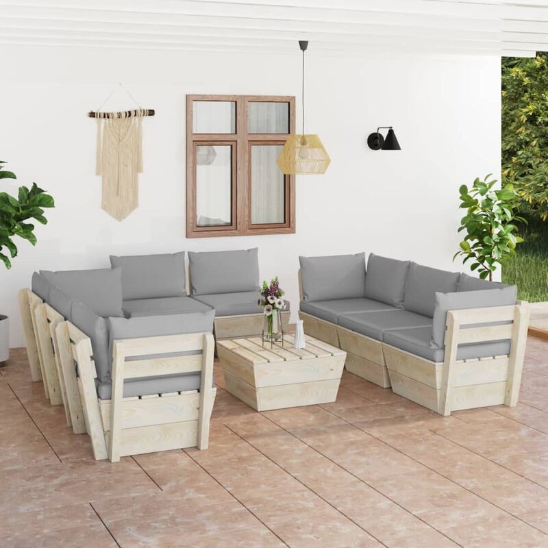 

Muebles de jardín de palets 9 piezas y cojines madera de abeto