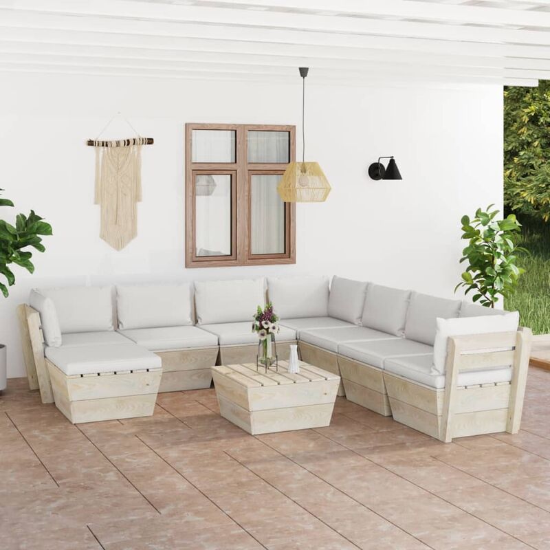 

Muebles de jardín de palets 9 piezas y cojines madera de abeto