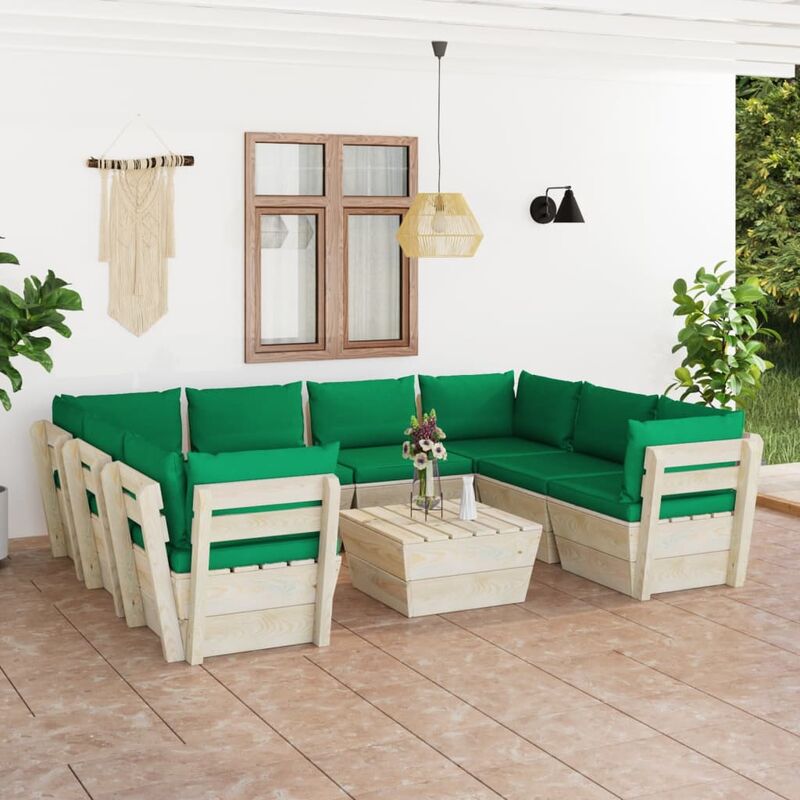 

Muebles de jardín de palets 9 piezas y cojines madera de abeto