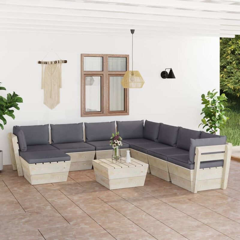 

Muebles de jardín de palets 9 piezas y cojines madera de abeto