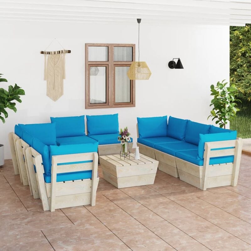 

Muebles de jardín de palets 9 piezas y cojines madera de abeto