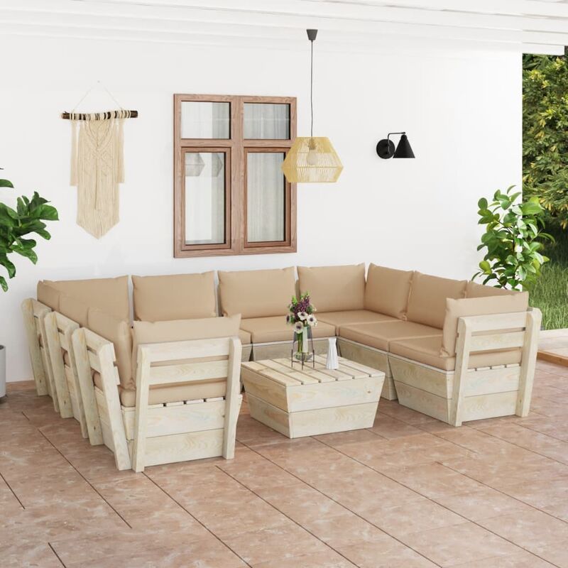 

Muebles de jardín de palets 9 piezas y cojines madera de abeto