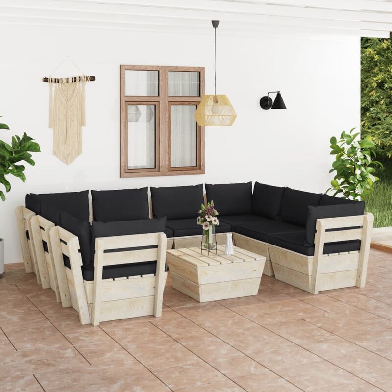 

Muebles de jardín de palets 9 piezas y cojines madera de abeto