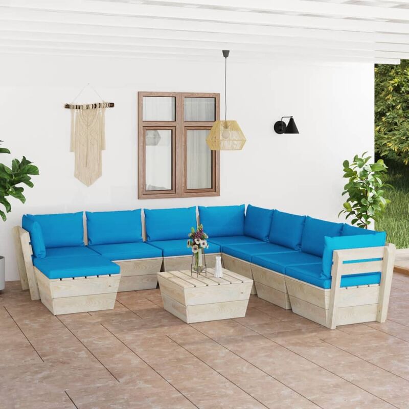 

Muebles de jardín de palets 9 piezas y cojines madera de abeto