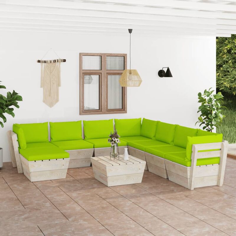 

Muebles de jardín de palets 9 piezas y cojines madera de abeto