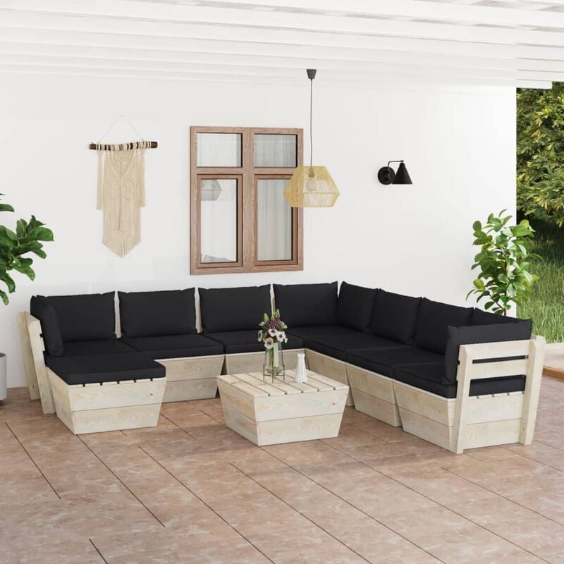 

Muebles de jardín de palets 9 piezas y cojines madera de abeto