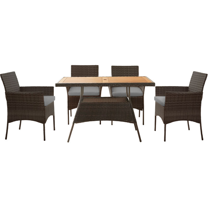 

Muebles de jardín de ratán Peaktop Mesa de 5 piezas y 4 sillas Juego de comedor marrón con cojines PT-OF0021