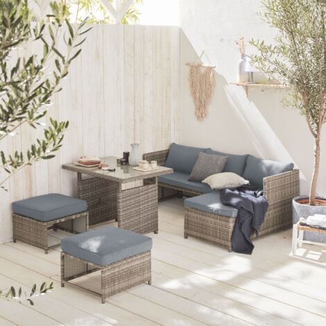 Muebles de jardín de resina trenzada con mesa, 6 plazas, Reggiano, Gris, 120x62x65 cm