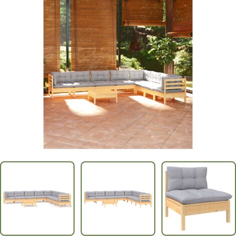 Muebles de jardín -  Juego de muebles de jardín 9 pzas y cojines madera maciza pino