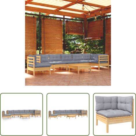 Muebles de jardín -  Juego de muebles de jardín 9 pzas y cojines madera maciza pino