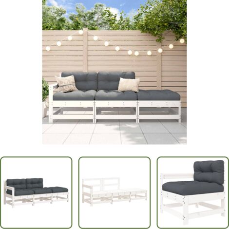 Muebles de jardín -  Juego de sofás de jardín 3 pzas y cojines madera maciza blanco