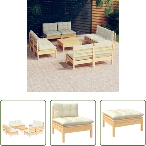 Muebles de jardín -  Muebles de jardín 9 piezas cojines madera de pino color crema