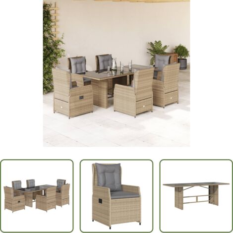 Muebles de jardín -  Set comedor de jardín 7 pzas con cojines ratán sintético beige