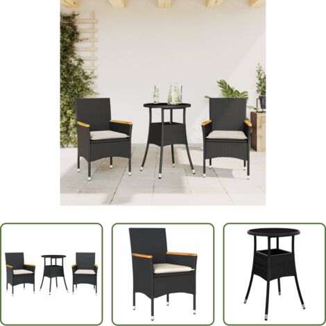 Muebles de jardín -  Set comedor jardín 3 pzas cojines ratán sintético vidrio negro