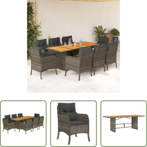 Muebles de jardín -  Set comedor jardín 9 pzas y cojines ratán sintético gris