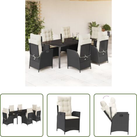 Muebles de jardín -  Set de comedor de jardín 7 pzas y cojines ratán sintético negro