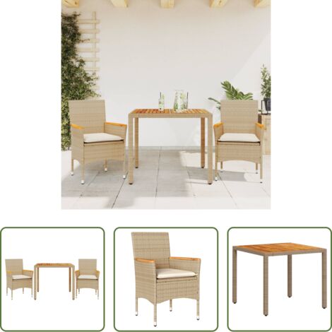 Muebles de jardín -  Set de comedor jardín 3 pzas con cojines ratán PE acacia beige