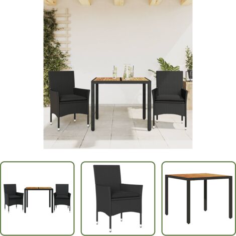 Muebles de jardín -  Set de comedor jardín 3 pzas con cojines ratán PE acacia negro
