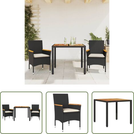 Muebles de jardín -  Set de comedor jardín 3 pzas con cojines ratán PE acacia negro