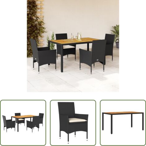 Muebles de jardín -  Set de comedor jardín 5 pzas con cojines ratán PE acacia negro