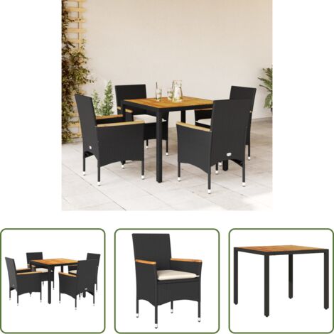 Muebles de jardín -  Set de comedor jardín 5 pzas con cojines ratán PE acacia negro