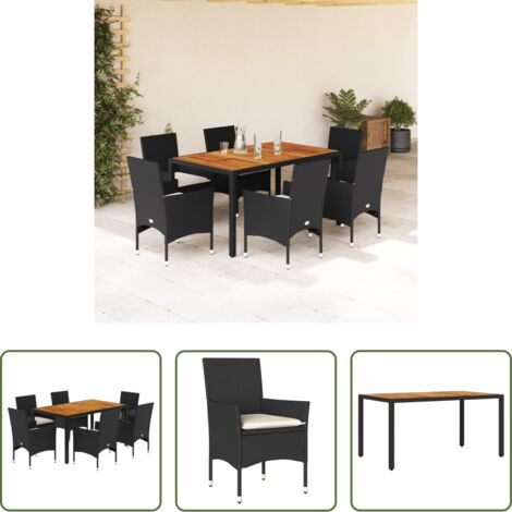 Muebles de jardín -  Set de comedor jardín 7 pzas con cojines ratán PE acacia negro