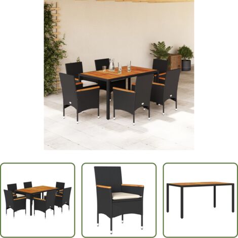 Muebles de jardín -  Set de comedor jardín 7 pzas con cojines ratán PE acacia negro