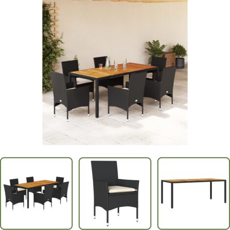 Muebles de jardín -  Set de comedor jardín 7 pzas con cojines ratán PE acacia negro