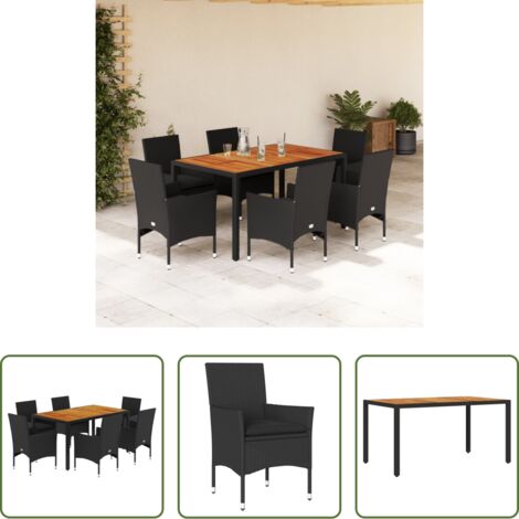 Muebles de jardín -  Set de comedor jardín 7 pzas con cojines ratán PE acacia negro