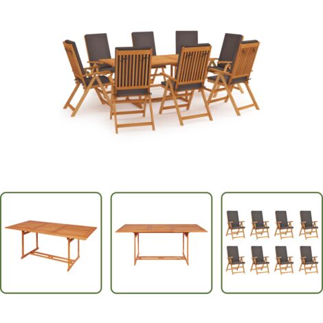 Muebles de jardín -  Set de comedor para jardín 9 piezas teca maciza y cojines gris