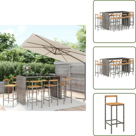 Muebles de jardín - vidaXL Mesa bar y taburetes jardín 9 pzas madera acacia ratán PE gris - Mesa de bar con taburetes