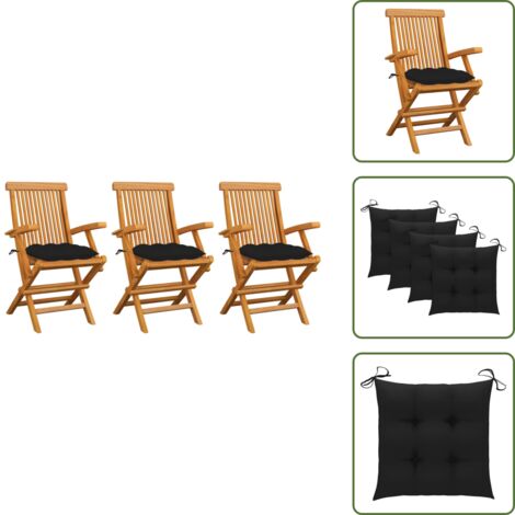 Muebles de jardín - vidaXL Sillas de jardín 3 uds madera maciza de teca con cojines negros - Sillas plegables