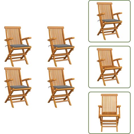 Muebles de jardín - vidaXL Sillas de jardín 4 uds madera maciza de teca con cojines grises - Sillas plegables