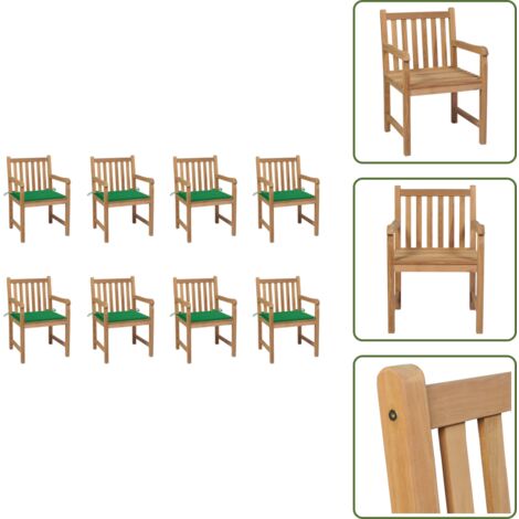 Muebles de jardín - vidaXL Sillas de jardín 8 uds madera maciza de teca cojines verde - Sillas de exterior