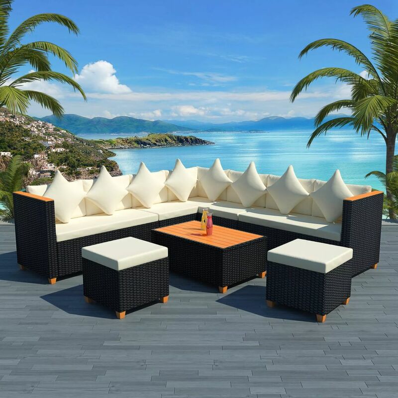 

Muebles de jardín y cojines 7 piezas ratán sintético negro