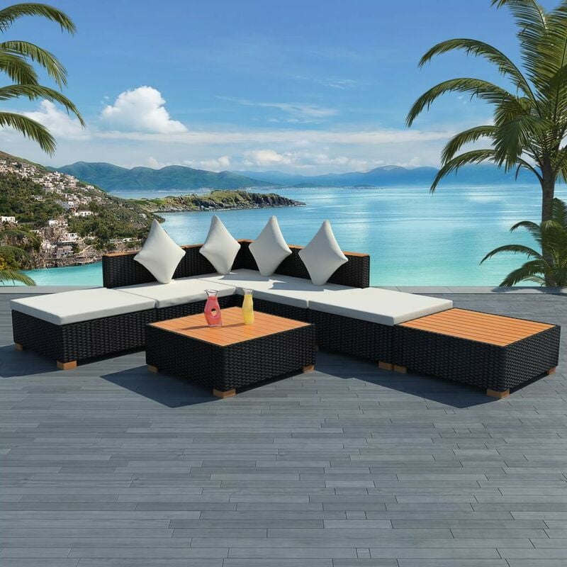 

Muebles de jardín y cojines 7 piezas ratán sintético negro