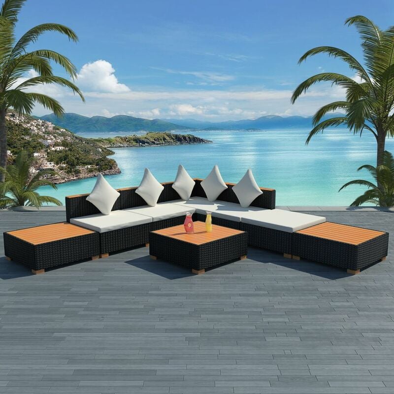 

Muebles de jardín y cojines 8 piezas ratán sintético negro