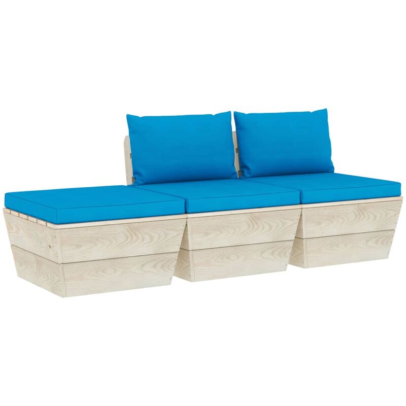 

Muebles de jardín de palets 3 pzas y cojines madera de abeto - Azul
