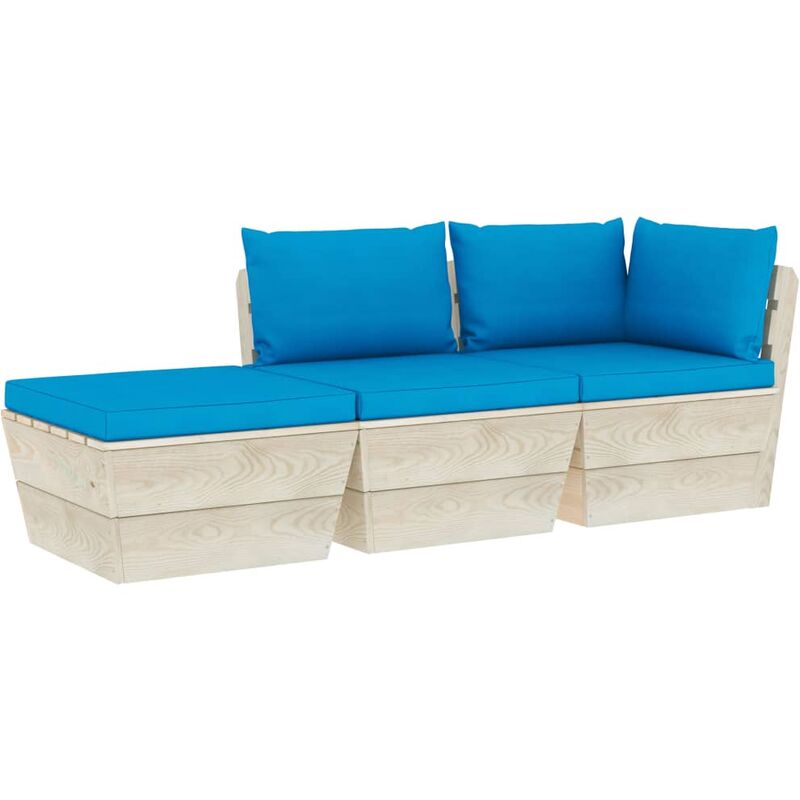 

Muebles de jardín de palets 3 pzas y cojines madera de abeto - Azul